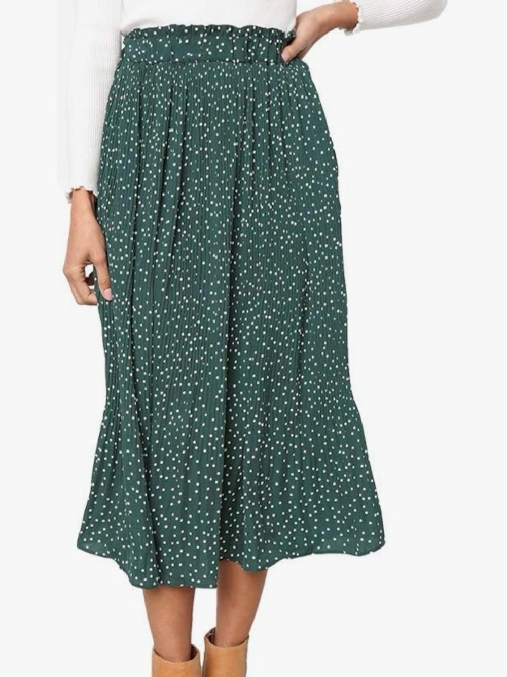 Pleated Emerald Green Polka Dot Midi Skirt